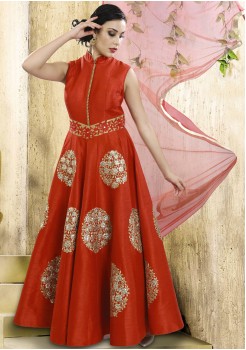 DARK RED ART SILK GOWN STYLE INDIAN READYMADE DRESS